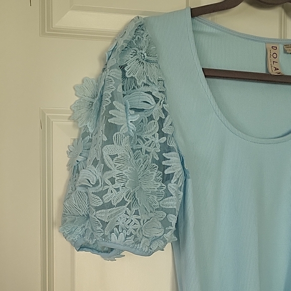 Dolan Anthropologie Lace Puff Sleeve Ribbed Knit Top Light Blue Women’s Small - Picture 6 of 11